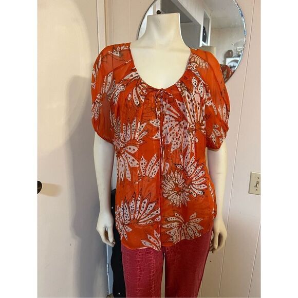 Diane von Fursenburg Flowy Floral Orange 100% Silk Butterfly Scoop Neck Lightwei - Picture 1 of 7